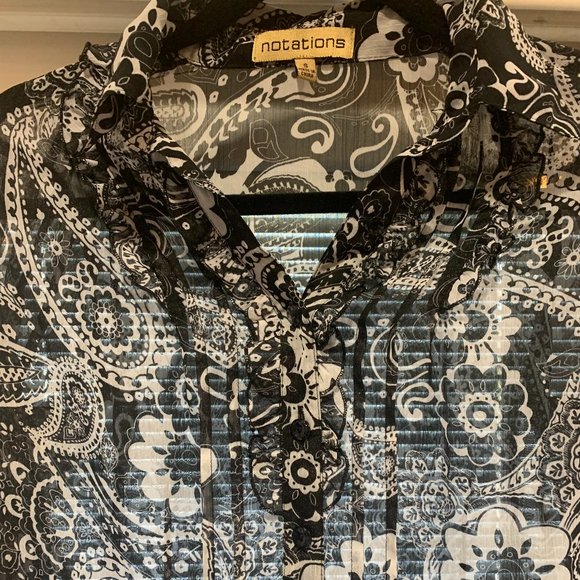 EUC Notations Sheer Long Sleeve Black/White Button Down Blouse Size Small - Picture 2 of 12